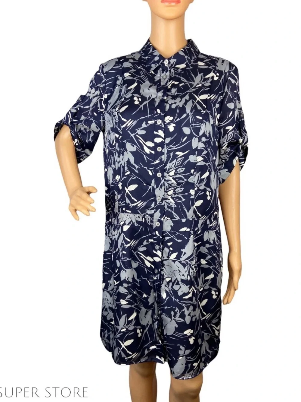 Banana Republic Navy Blue Gray Floral Shirt Dress Roll Tab Sleeve Size 10 NWT